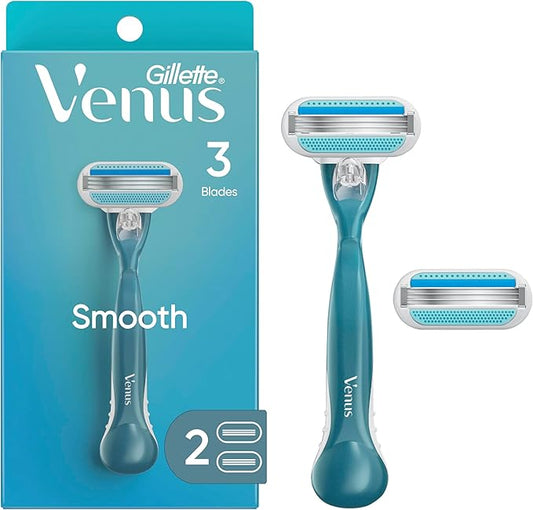 Gillette Venus Smooth Razor for Women, Includes 1 Reusable Razor Handle + 2 Count 3-Bladed Refills, Ergonomic Soft Grip Handle