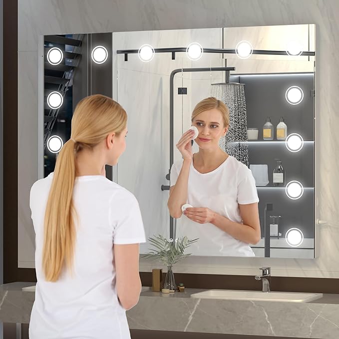 Hasipu Vanity Mirror with Lights, 32" x 24" Makeup Mirror, Light up Mirror with 14 Dimmable LED Lights and 10X Magnification, 3 Colors Modes, Touch Control, USB Charging Port, White