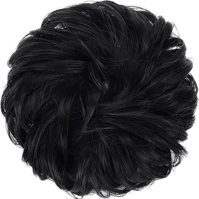 FESHFEN Messy Bun Hair Piece - Wavy Synthetic Chignon Scrunchies for Instant Volume, Elastic Bun Ponytail Hair Extensions Thick Hairpieces for Women, Black 1.50 oz
