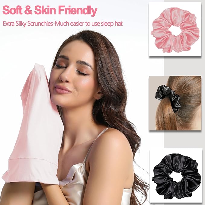 Satin Bonnet for Sleeping Night Cap, Adjustable Satin Lined Silk Bonnets Sleep Cap for Curly Hair Braids Beanie Black Women