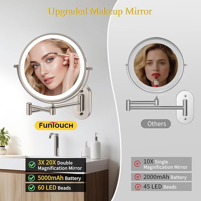 FUNTOUCH 3X/20X Wall Mounted Lighted Makeup Mirror,5000mAh Rechargeable Double Sided Magnifying Bathroom Mirror with Lights,3 Color Lighting,Touch Dimmable,Extended Arm 360 Rotation Light up Mirrors