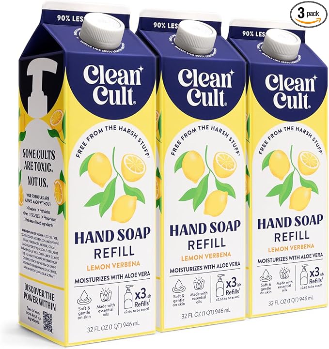 Cleancult Liquid Hand Soap Refills - Lemon Verbena - Moisturizes Dry & Sensitive Skin - Made with Aloe Vera & Essential Oils - Eco Friendly - Paper-Based Packaging - 32 oz/3 Pack