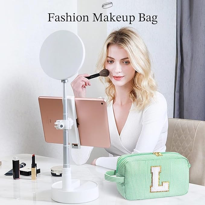 YOOLIFE Gifts for Women Teen Girls Kids - Initial Makeup Bag Cosmetic Case Toiletry Pouch, Birthday Gifts for Women Friends Sister Teacher, Light Green F