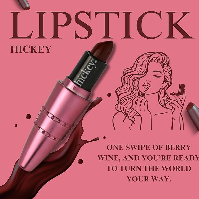 Hickey Lipstick Set, Big Trouble (Berry Wine), Refillable Silver Case with Chain, Satin Pouch & Ribbon (Wearable Necklace), Long Lasting Hydrating Velvet Finish Lipstick for Women, Vegan & Gluten-Free