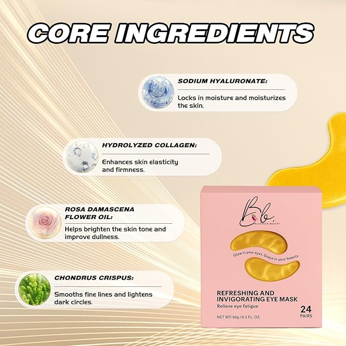Blusheva Beauty Gold Under Eye Masks – 24 Pairs Collagen & Hydrating Gel Eye Patches for Dark Circles, Puffy Eyes, Fine Lines & Anti-Aging Skincare – Vegan, Cruelty-Free Self Care Essentials