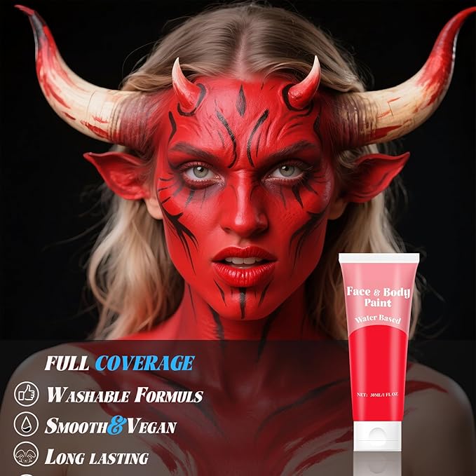 Red face body paintRed Water Based Face Body Paint，Washable Face Paint For Devil Clown Nose Red Body Paint for Halloween SFX Cosplay Costumes Festivals Makeup