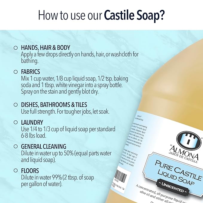 La Almona - Pure Castile Liquid Soap, LAVENDER, 1 Gallon - Multipurpose: Hands, Face, Body, Laundry, Dishes & More - For Sensitive Skin, All-Natural Ingredients, Scented with Essential Oils