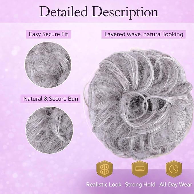 Juvabun Messy Bun 2.0 Light Gray Messy Bun Hair Extension Soft Lightweight Hair Bun Scrunchie for Women Everyday Wear