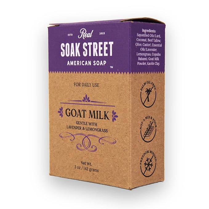 Soak Street Real American Soap with Goat Milk, Lavender & Lemongrass (3 Pack) – Long-Lasting, Moisturizing Natural Bar Soap with Grass Fed-Tallow, Gentle Conditioning Lard, & Coconut Oil – Daily Use