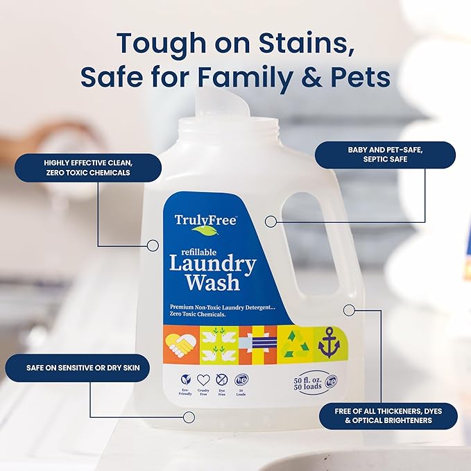 Truly Free Natural Laundry Detergent for Sensitive Skin | Eco Friendly, Plant Based, Baby Clothes Safe | Clean & Easy Powder to Liquid, 1 Pack Detergent + 1 Refillable Jug | Unscented, 150 Loads