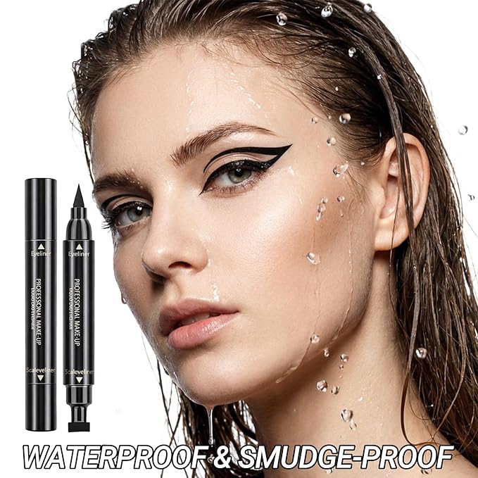 Erinde Winged Eyeliner Stamp - 2 Pens, Waterproof Liquid Eye Liner & Stamp for Perfect Cat Eye, Smudge-Proof Cat Eye Liner Cat Stencil Tool, Quick & Easy Black Wingliner