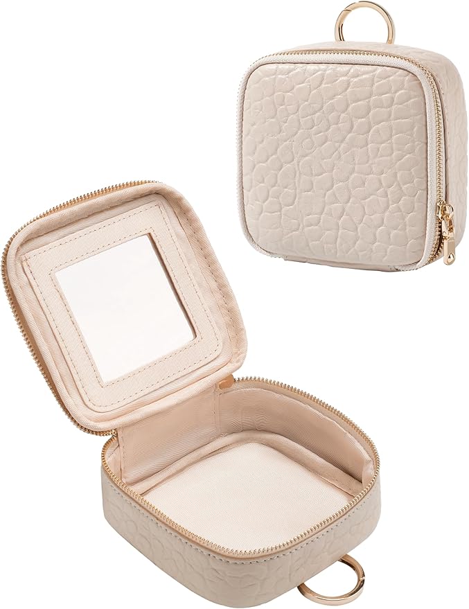 Oaque Small Makeup Bag with Mirror, Genuine Leather Mini Cosmetic Bag for Purse Makeup Pouch with Zipper Mini Toiletry Bag Cute Cosmetic Pouch for School, Travel, Car (Cream White)