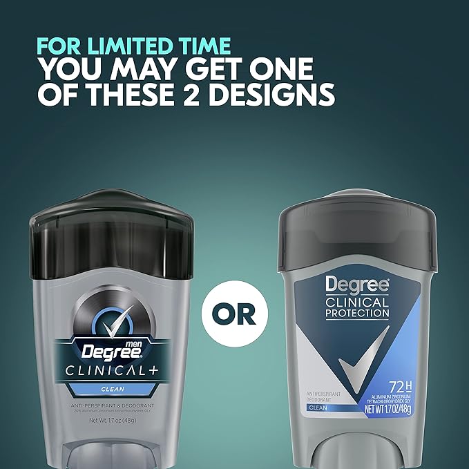 Degree Men Clinical Protection Antiperspirant Deodorant 72-Hour Sweat & Odor Protection Clean Prescription-Strength Antiperspirant For Men with MotionSense Technology 1.7 oz, Pack of 2