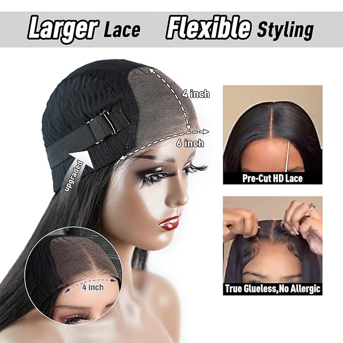 Wear and Go Glueless Bob Wig Human Hair Straight, 6x4 Pre-Cut HD Lace Glueless Wigs Pre-Plucked, Transparent Lace Front Closure Wigs for Women 180% Density 12 inch