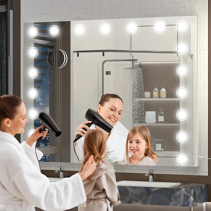 Hasipu Vanity Mirror with Lights, 40" x 32" Makeup Mirror, Light up Mirror with 19 Dimmable LED Lights and 10X Magnification, 3 Colors Modes, Touch Control, USB Charging Port, White