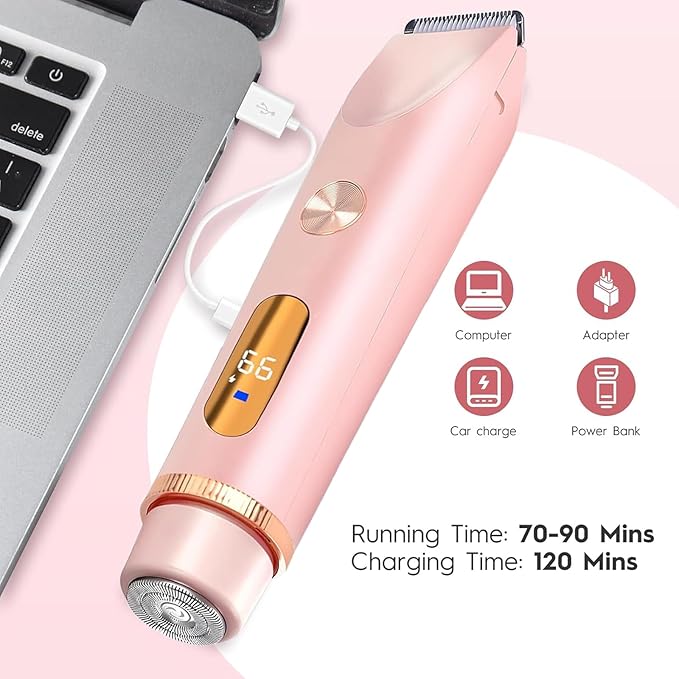 Bikini Trimmer for Women, 2 in 1 Electric Razors for Women, Rechargeable Electric Shaver, IPX7 Waterproof Wet/Dry Body Hair Trimmer for Underarm Leg Arm Body, Pink