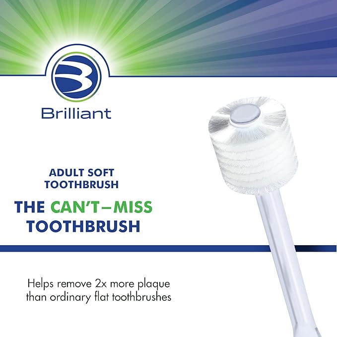 Brilliant Oral Care Adult Toothbrush with Soft Bristles, Round Head, and All-Around Clean for Teeth and Gums, Clear, 3 Pack