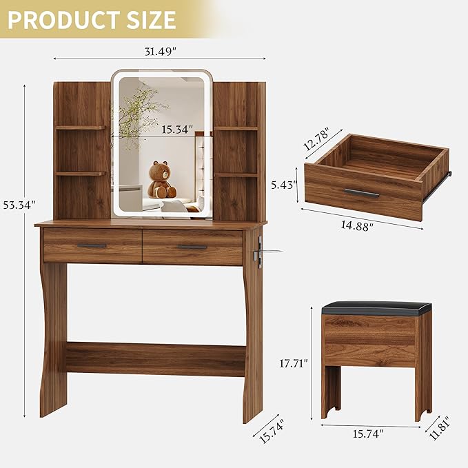 Vanity Desk with LED Lights Mirror & Power Outlet, Small Makeup Vanity Table Set with Storage Drawers & Chair, 3 Lighting Modes & Adjustable Brightness, Dressing Table for Women Girls Bedroom, Walnut
