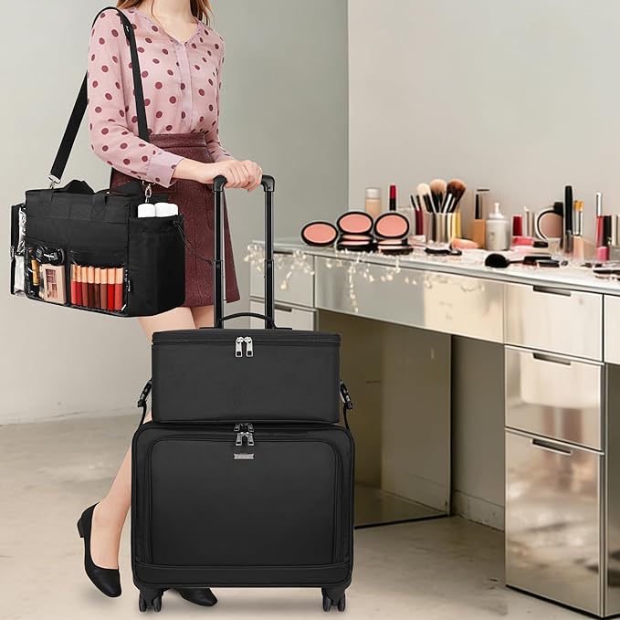 TANTO Rolling Makeup Bag, Cosmetology Case on Wheels Travel Makeup Tote Bag Pro Makeup Artist Bags 3 in 1 Extra Large Cosmetics Organizer Case with 360° Swivel Wheels and Adjustable Dividers