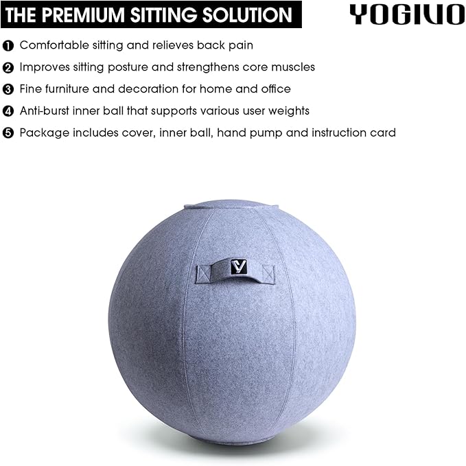 Sitting Ball Chair for Office and Home, Pilates Exercise Yoga Ball with Cover for Balance, Stability and Fitness, Ergonomic Posture Exercise Ball Seat with Handle and Pump