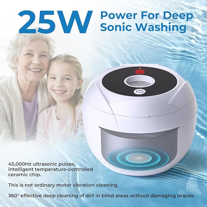 Ultrasonic Retainer Cleaner Machine, 45kHz Dental Cleaning Pod for Denture, Mouth Guard, Night Guard, Aligner, Braces, Toothbrush, 200ML Denture Cleaner with Digital Timer & 4 Modes, White