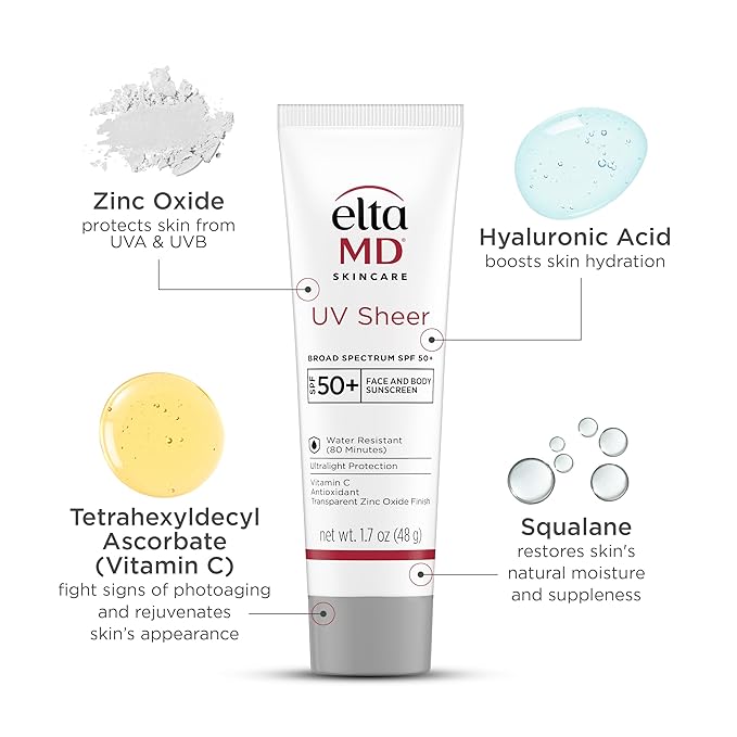 EltaMD UV Sheer Face and Body Sunscreen SPF 50+, Oil Free, No White Cast Sunscreen for Face and Body, Zinc Oxide Formula, 1.7 oz Tube