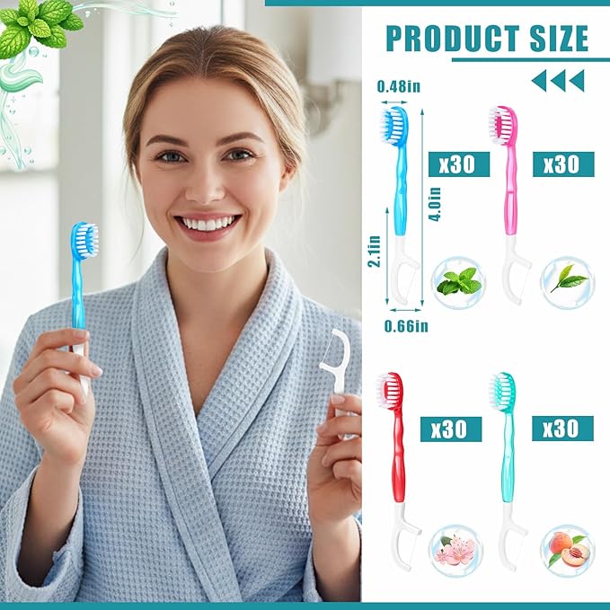 LemonRoad 120 Count Disposable Mini Travel Toothbrushes 5 in 1 Pre-Pasted Mini Brushes Floss Pick Scraper, Mint Peach Sakura Green Tea Flavors Individually Wrapped Portable Set