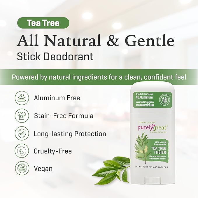 Purelygreat - Tea Tree Scented Natural Deodorant Stick, Travel-Friendly Hygiene Essentials for Women, Natural Deodorant for Men Without Aluminum & Parabens, 2.64 oz / 75 g