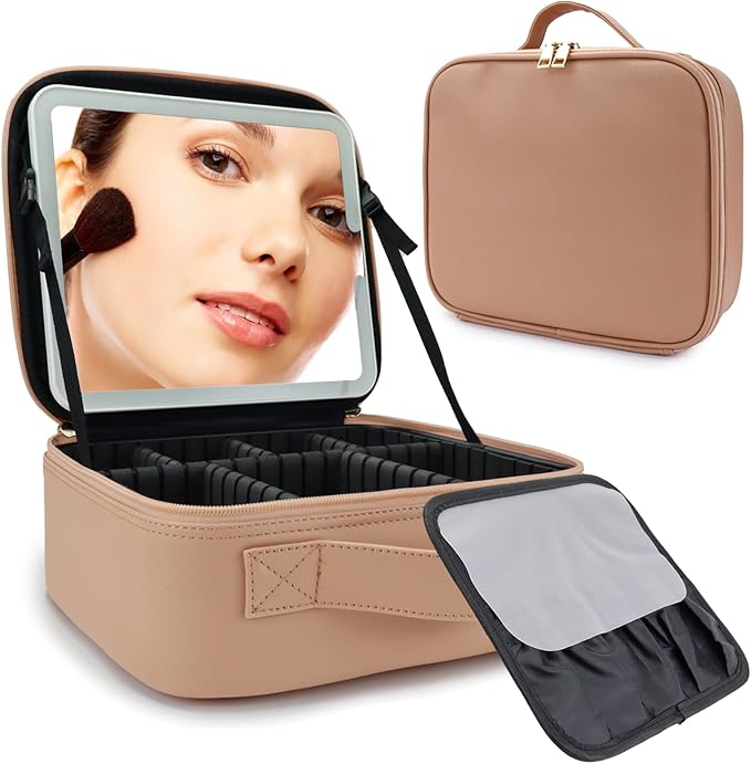 SLUMAZI Travel Makeup Bag with LED Mirror Travel Makeup Organizer with 3 Lighted Settings, Adjustable Dividers and Makeup Brush Storage Bag Khaki