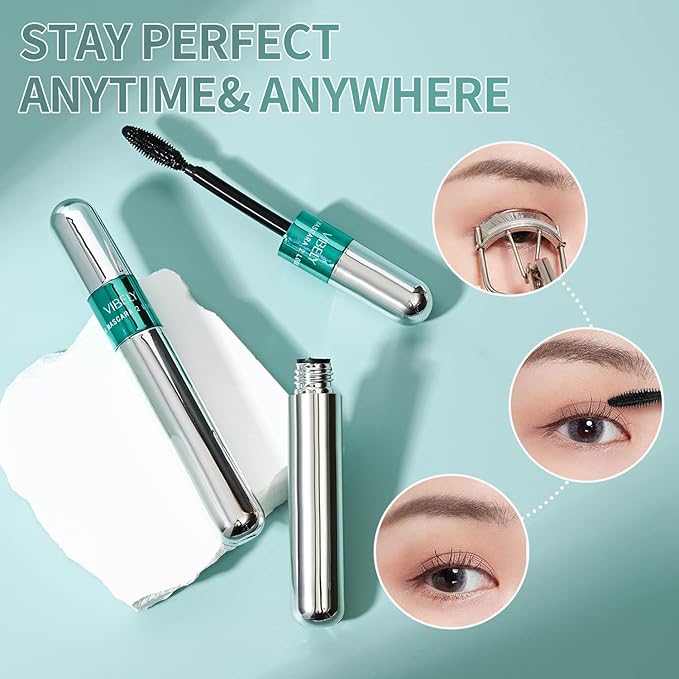 2 Pack 2 in 1 Mascara 5x Longer Waterproof Lash Cosmetics Natural Lengthening and Thickening Effect No Clumping Superstrong Magic 4d Silk Fiber For Vibely Mascara Makeup (2 Pack)