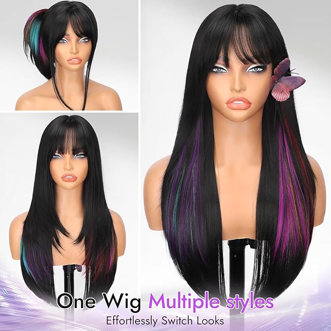 Long Black with Hidden Rainbow Highlights Wig with Bangs for Women, 4x4 Realistic Scalp,Free Parting, Layered Hairstyle Synthetic Heat Resistant for Daily Party Use 26 inch