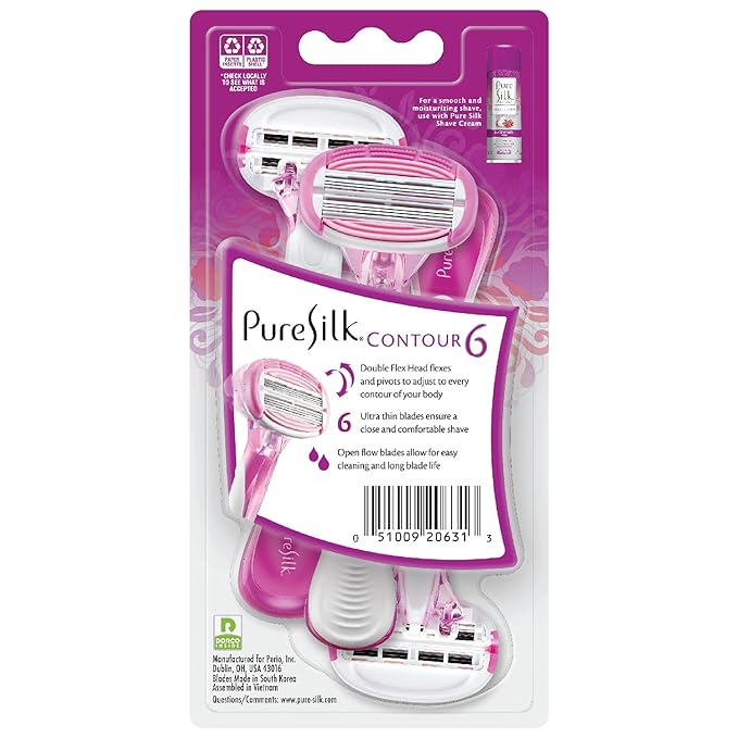 Pure Silk Contour 6 Premium Disposable Razor Value Pack Bundle (3 Packs/9 Total Razors)