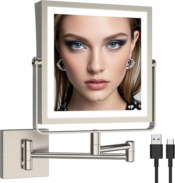 Ruacq Rechargeable Wall Mounted Makeup Mirror with Lights, Double Sided 1X/7X Magnifying Vanity Mirror with 3 Color Lights, Touch Screen Dimmable, 360° Rotation Extension Foldable (Brushed Nickel)