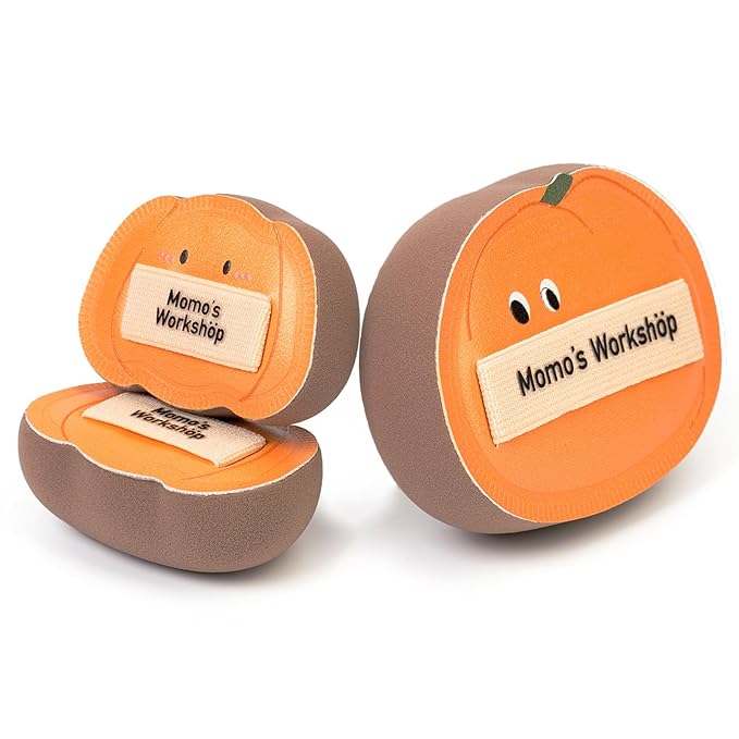 Momo's Workshop Cute Pumpkin Makeup Sponge 3-Pack, High-Density Rubycell for Cream Skin Finish, 1 Large + 2 Mini for Foundation & Concealer, Soft & Elastic for Dry Skin,Travel-Friendly