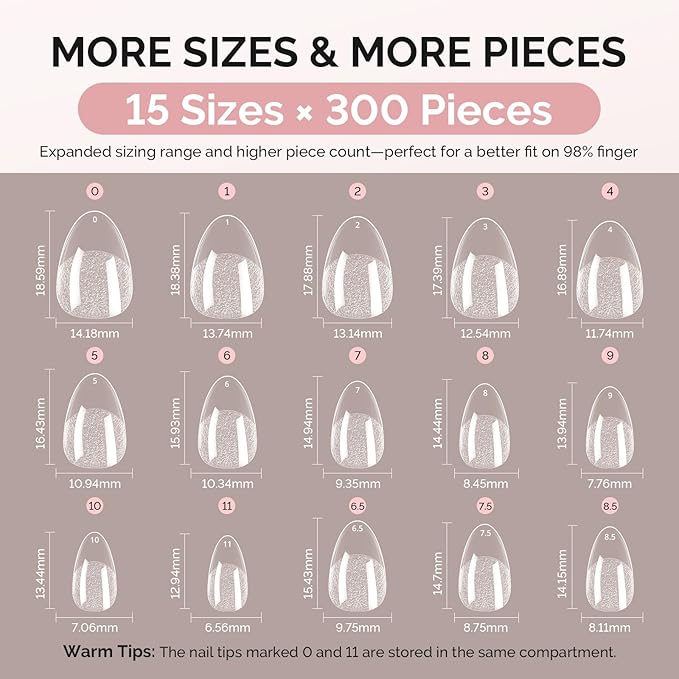 MelodySusie Extra Short Almond X Nail Tips - 300Pcs 15 Sizes Clear Acrylic,Half Matte Full Cover Press on Nails for DIY Extension & Salon Use, Pre-Shaped for Long-Lasting Manicure