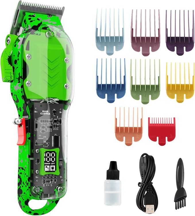 Professional Hair Clippers for Men, Cordless Barber kit for Hair Cutting & Grooming, Hair Clippers Set for Barber Haircut with LED Display 8 Fade Taper Combs(Green)