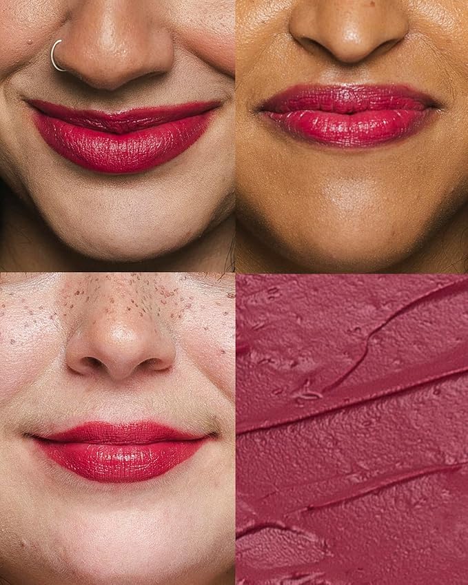 Cheekbone Sustain Lipstick, Plummy Rose Shade, Creamy Satin Lip Color with Buildable Pigment, Long-Wear, Moisturizing Formula with Organic Castor Oil, Eco-Conscious, Vegan, 0.14 oz.