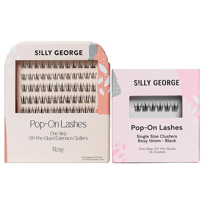 Silly George PopOn Lash 84 Cluster Pre-Glued Featherlight Bionic Silk 5 to 10 Day Wear Press-On Lash Bundle with 60 Pack MultiLength Plus 24 Pack Single Size Black Rosy 10mm