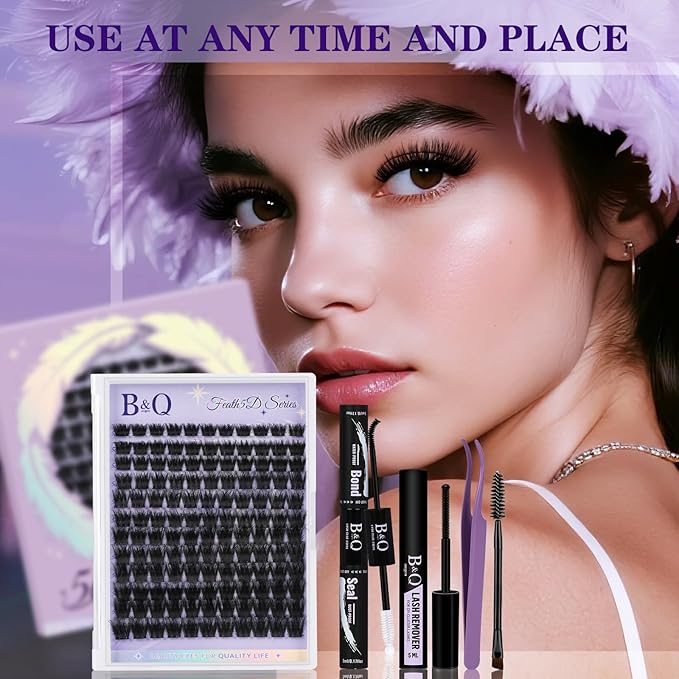 B&Q Lash Clusters Kit Wispy Fluffy - Feath5D 06 Eyelash Clusters Kit with Glue & Tools, Feathered Lightweight Lash Kit, 8-18mm C Curl Waterproof False Lashes