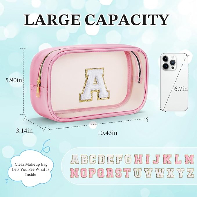 YOOLIFE Valentines Gifts for Teenage Girls Stocking Stuffers Teacher Gifts Initial Clear Makeup Bag Pouch Travel Toiletry Cosmetic Bags Birthday Gift for 4 5 6 7 8 9 10 11 12 Year Old Girls Pink K