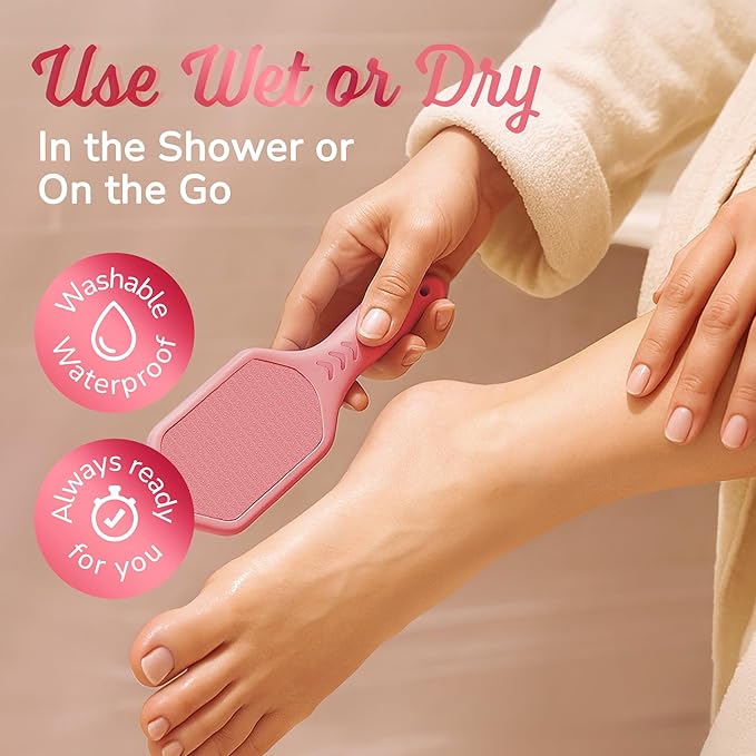 Nano Glass Foot File - Silicone Foot Callus Remover for Feet and Cracked Heels - Heel Scraper for Dead Skin - Ergonomic Foot Scrubber & Exfoliator for Shower with Non-Slip Grip - Pink
