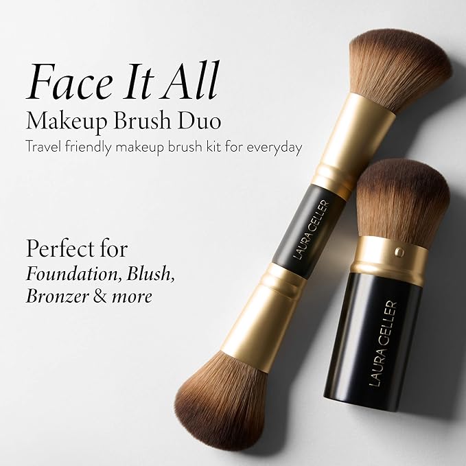 LAURA GELLER NEW YORK Cosmetic Professional Makeup Brushes - Cruelty-Free - 08 Face It All 2pc Makeup Brush Set - Kabuki Brush + Dual-Ended Blush and Bronzer Brush