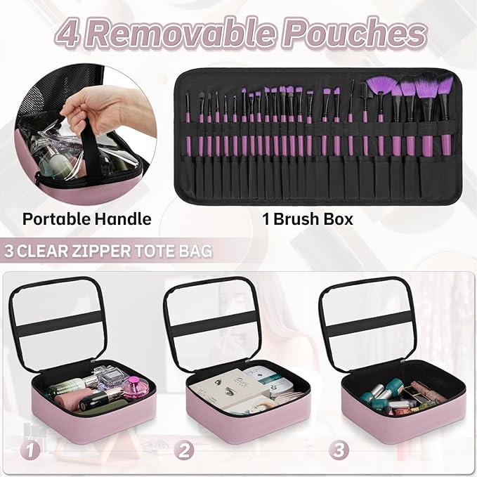 FREEAMG Extra Large Makeup Case with 4 Removable Pouches, Professional Make up Train Case,Travel Cosmetic Bag for Hairstylists Nail Tech Makeup Artist with Shoulder Strap and Handle (Pink)（Bag only）