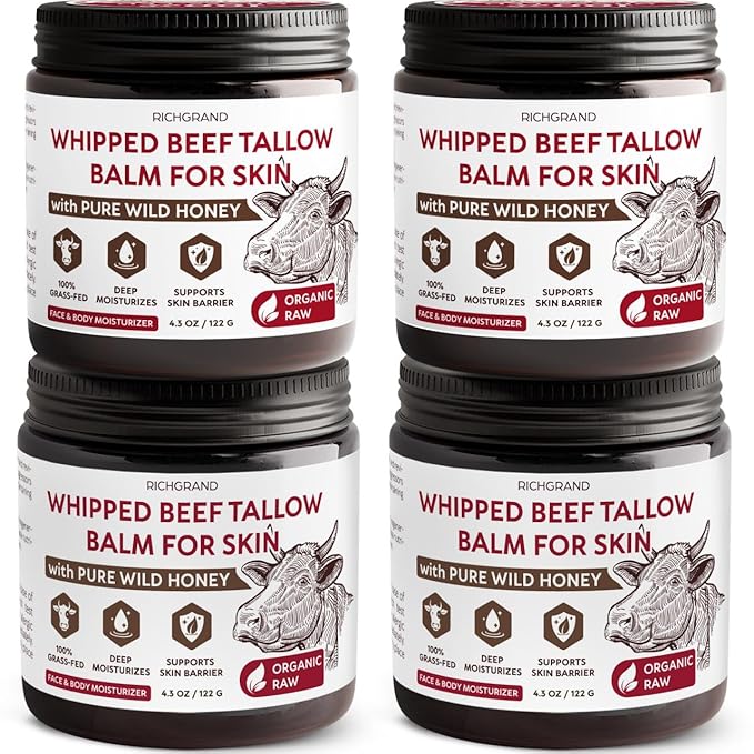 Beef Tallow for Skin, 4 Pack (17.2 fl oz) - Whipped Grass-Fed Moisturizer with Wild Honey & Beeswax, Natural Face & Body Care, Deep Hydration, Anti-Aging, Sensitive Skin Safe