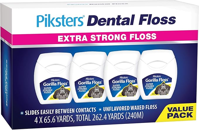 Piksters Dental Floss, 4 Pack (262.4 Yds), Extra Strong Dental Floss, Plaque Remover for Teeth, Shred Resistant, Smooth Gliding, Waxed, Deep Cleaning Teeth Flosser, Oral Care for Adults & Kids
