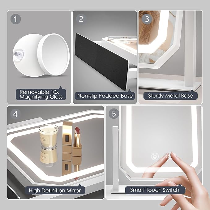 Lighted Makeup Mirror, 12"x10" Hollywood Vanity Mirror with Lights, Brightness Adjustable, Makeup Mirror with Lights,3 Colors, Smart Touch Control, Detachable 10X Magnification for Home/Gift