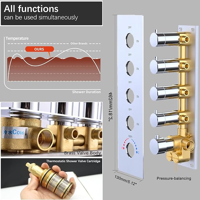 KATAIS Shower System with 12X35 inch Overshower and Dual Side ShowerHead(8 inch), 4 PCS Body Jet and HandHeld Spray, Dual Thermostatic Valve Kit Can Achieve 8 Shower Functions, Chrome