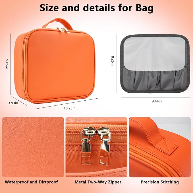 SLUMAZI Travel Makeup Bag with LED Mirror Travel Makeup Organizer with 3 Lighted Settings, Adjustable Dividers and Makeup Brush Storage Bag Orange