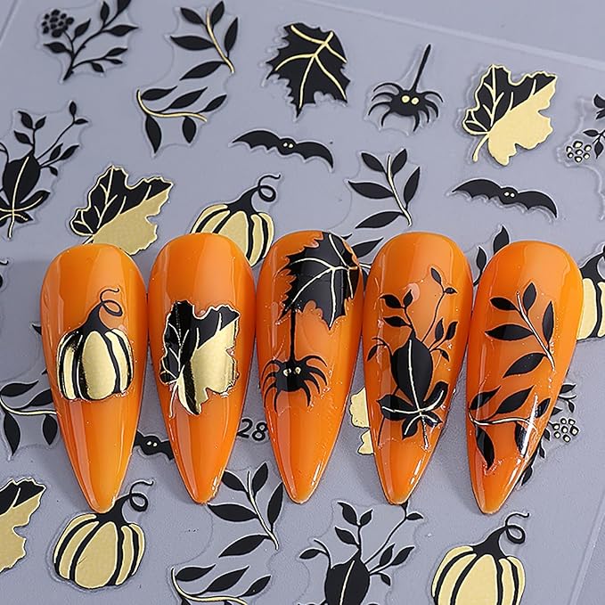 Halloween Pumpkin Ghost Nail Art Stickers Fall Maple Leaf Nail Decals Golden Fall Leaf Bat Spider Web Ghost 3D Self-Adhesive Nail Design Stickers for Women Holiday Manicure 8 Sheets