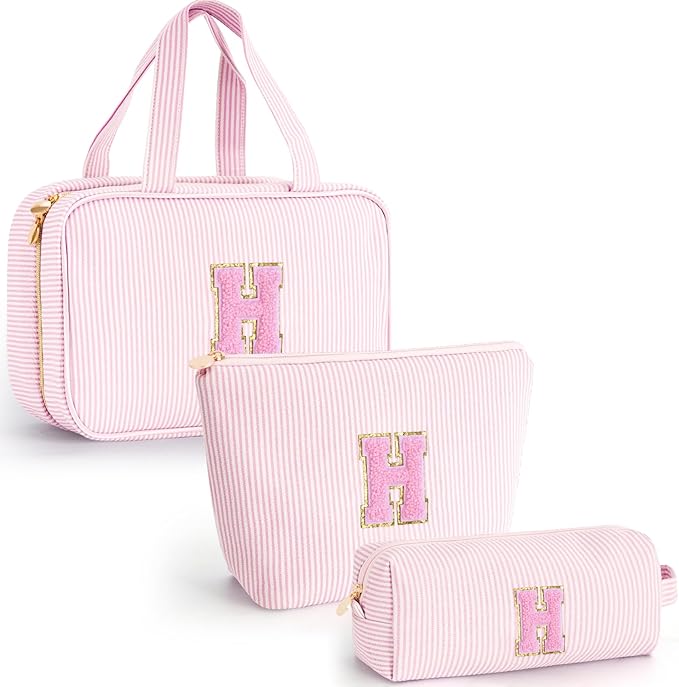 Fystdtote Personalized Initial Cute Toiletry Bag Pouch Make Up Bags Travel Cosmetic Makeup Bag for Girl Girlfriend Wife Teacher Mom Her 16th 17th 18th Birthday Gifts - Pink H